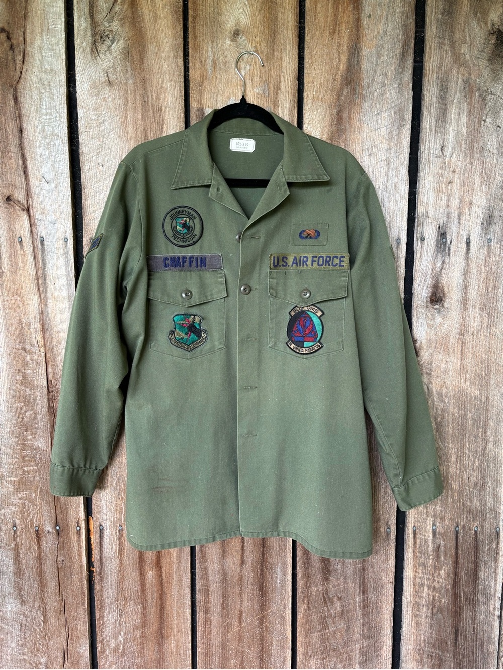 Vintage USAF OG-107 Utility Shirt 16.5x34 Air Force Patches Chaffin Vietnam Era